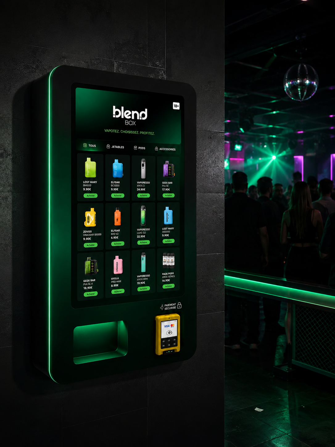 Distributeur Blend Box installé dans un bar animé